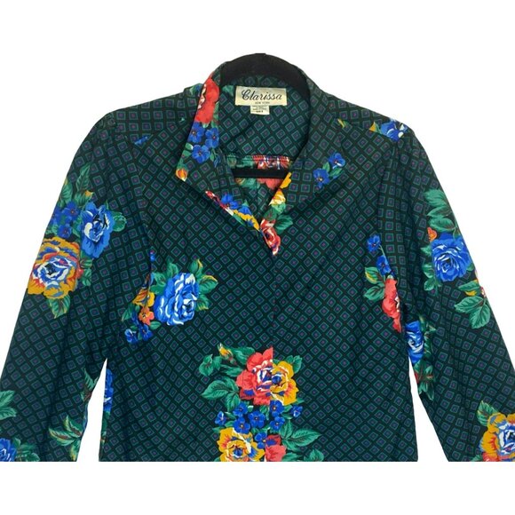 Vintage Clarissa Floral Black Button Up Blouse Shirt Womens Size 8 Secretary 80s - Picture 2 of 9